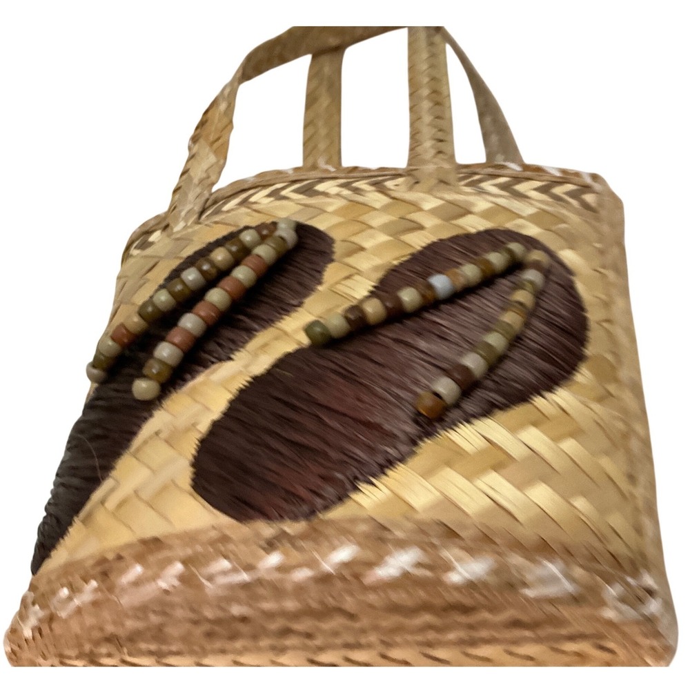 Other Brand Vintage Woven Straw Tote Bag Flip Flop Bead Detail Small Tan Brown